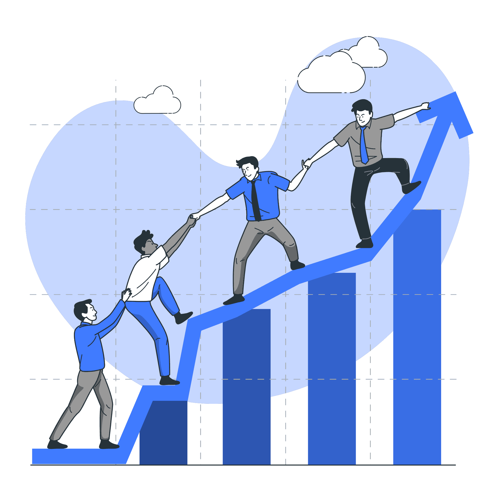 Rising stock market graph illustrating teamwork and financial growth with cartoon businessmen, symbolizing investment success and economic progress.