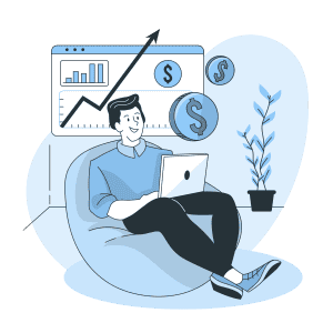 Investing and stock market growth with financial charts, dollar signs, and a smiling man using a laptop, emphasizing stock trading success in Africa.