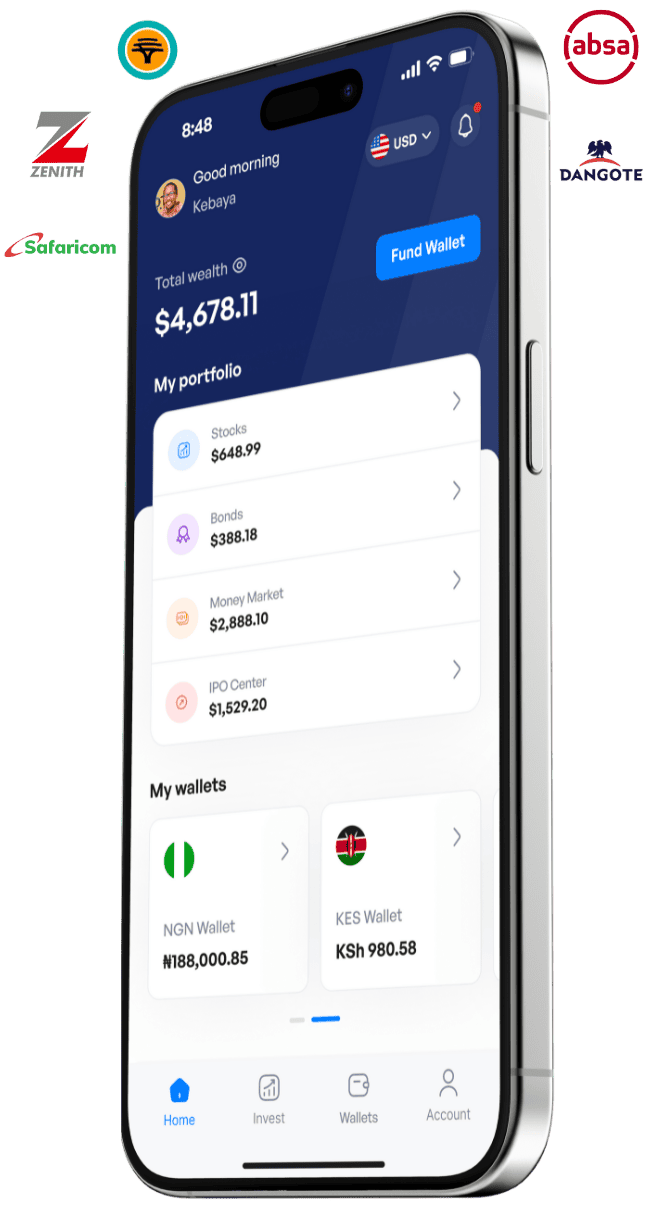 Ngn and kes mobile wallets on investment app, stock market portfolio tracking, financial management, digital banking, and investment platform on smartphone screen.